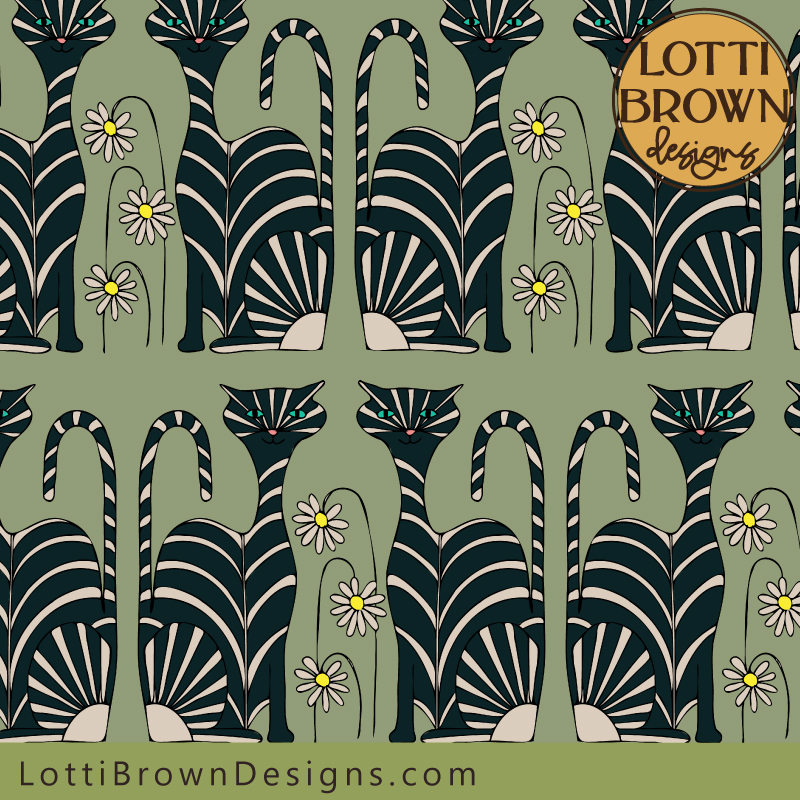 Black cat pattern fabric in soft green