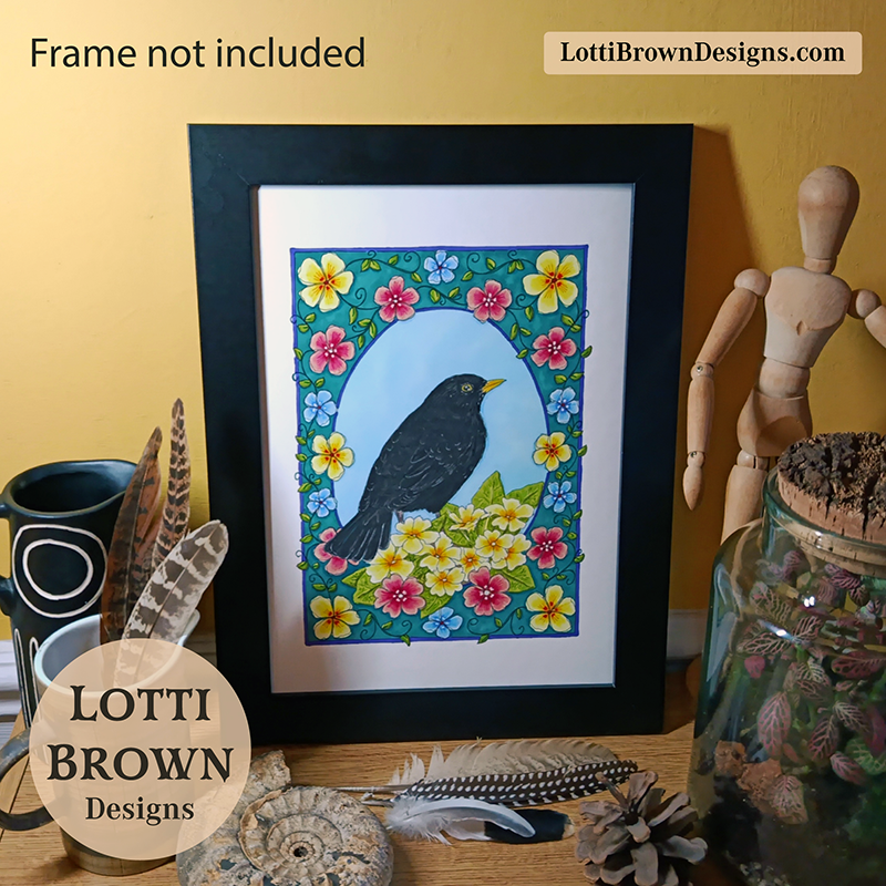 Blackbird art print displayed in my Yorkshire cottage