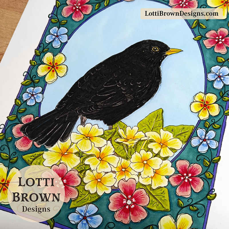 Blackbird and Spring Flowers - art print by Lotti Brown