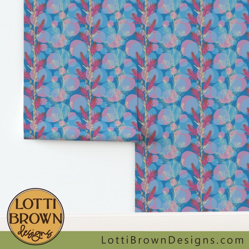 Botanical wallpaper in blue and pink