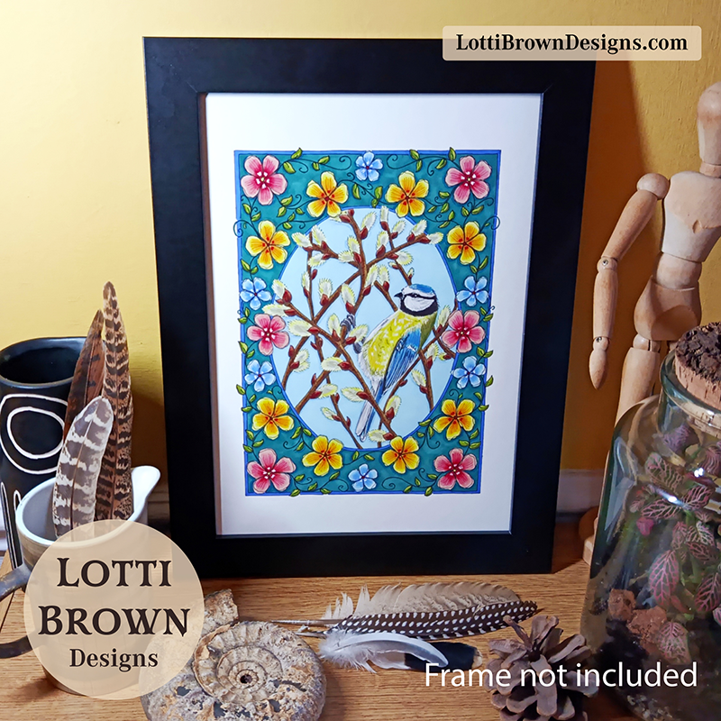 Blue tit art print at home