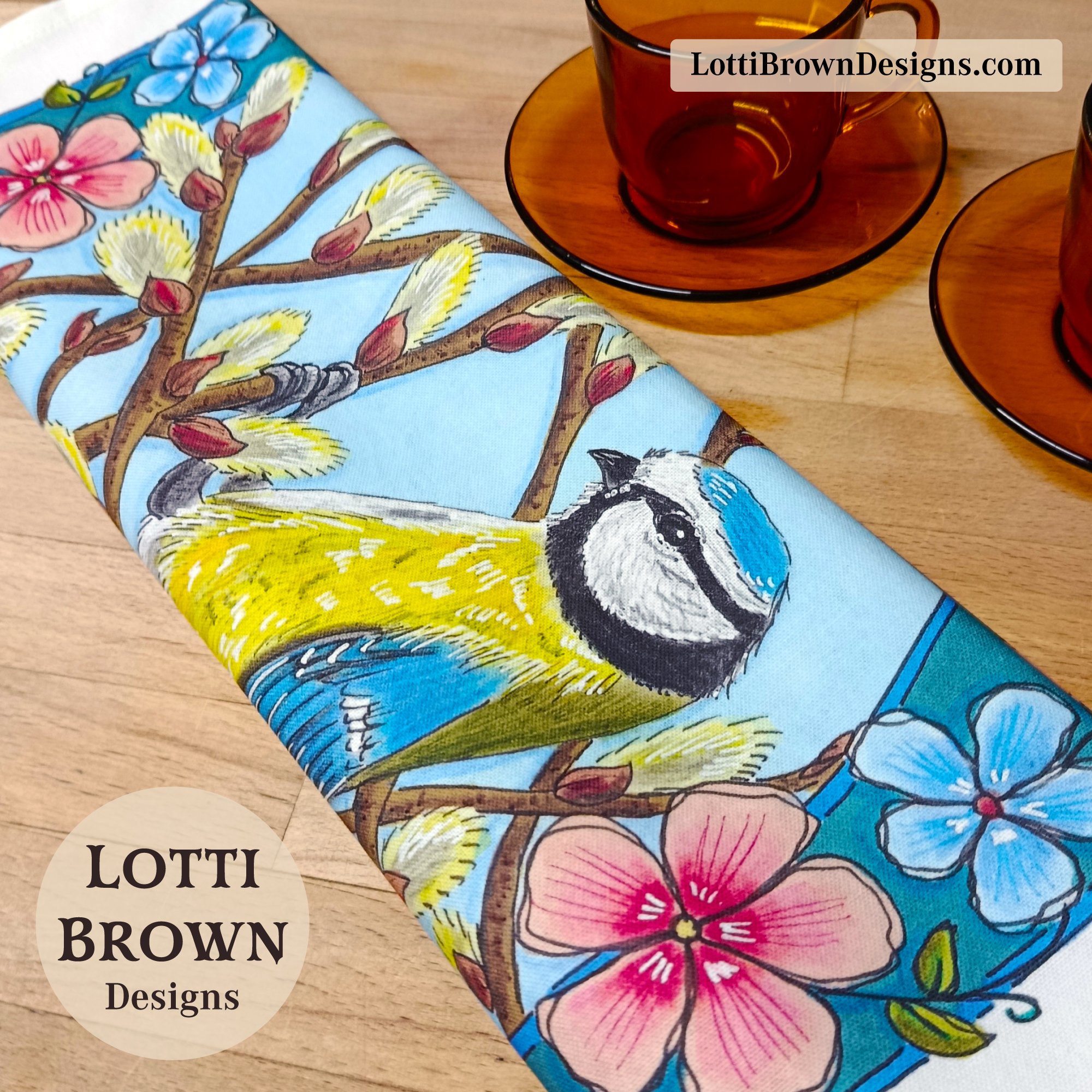 Blue tit tea towel (folded)