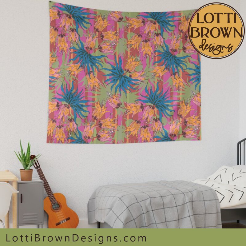Bold maximalist floral wall tapestry in red and orange