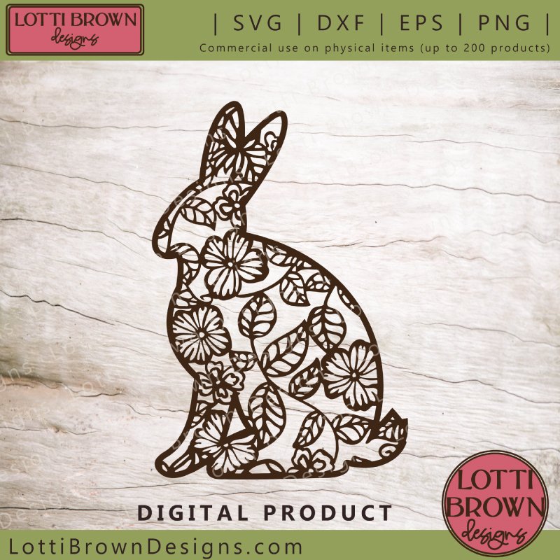Pretty, bunny SVG file with a floral design - perfect for Easter, kids' rooms and craft projects. Ideal for cutting machine crafts..