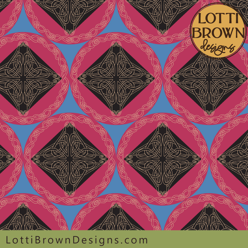 Celtic knotwork pattern wallpaper and fabric pattern in bright pink and blue