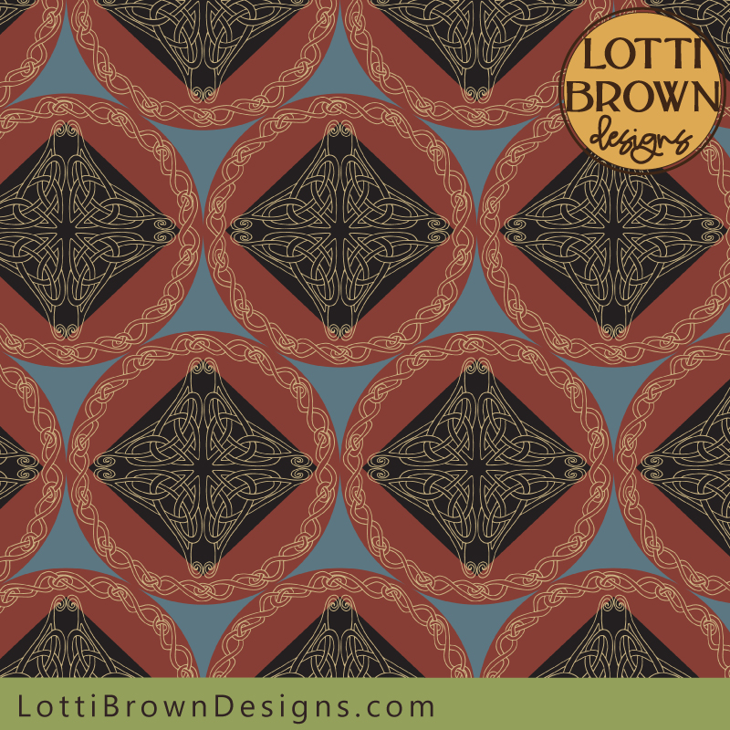 Celtic knotwork pattern wallpaper and fabric pattern in medieval tones of blue, red and yellow