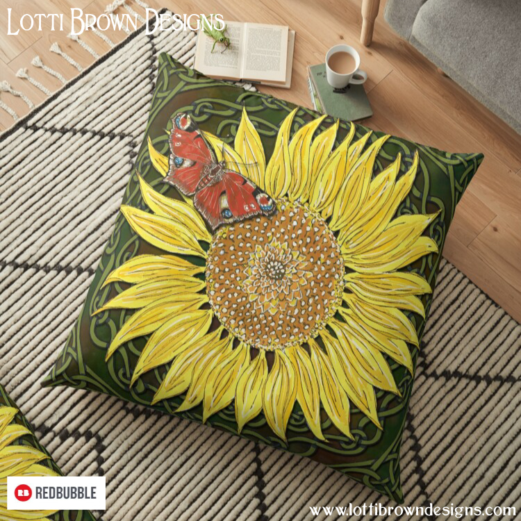 Sunflower cushion by Lotti Brown Designs at Redbubble