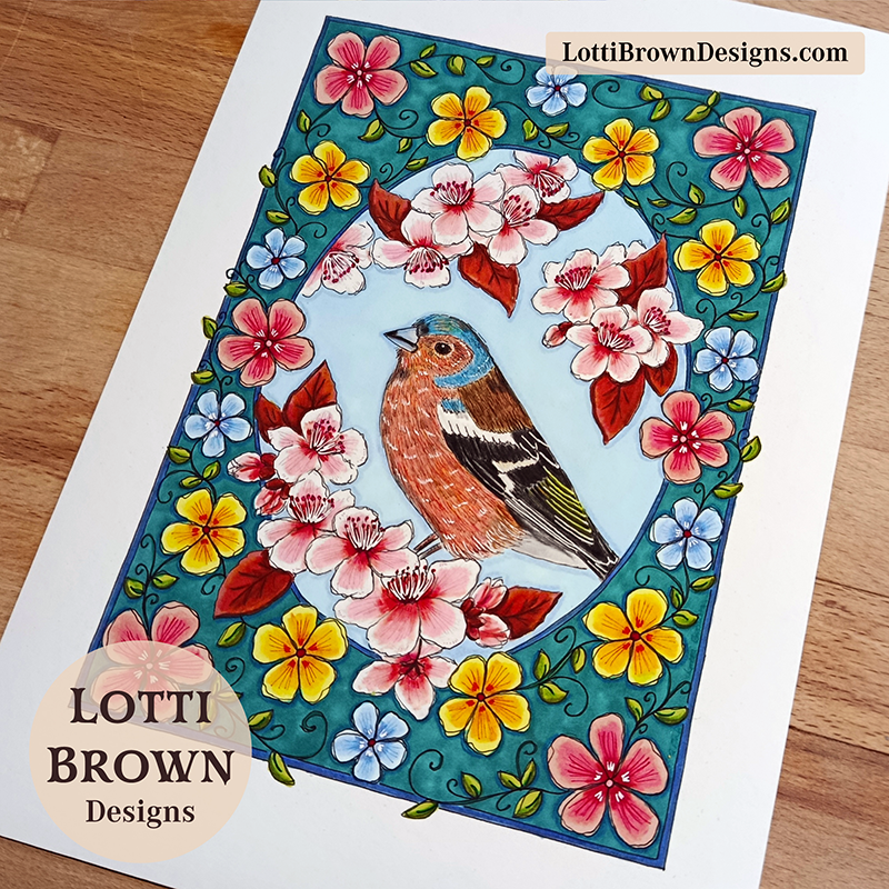 Chaffinch and flowers art print in a contemporary medieval illuminated style