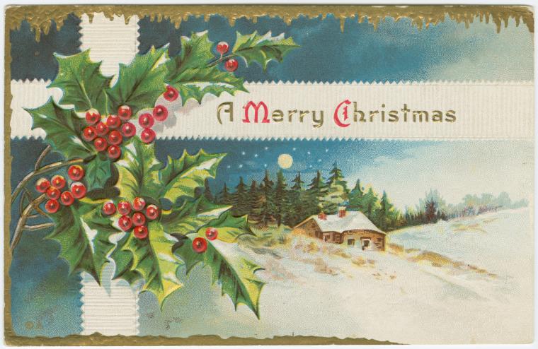 Christmas holly postcard