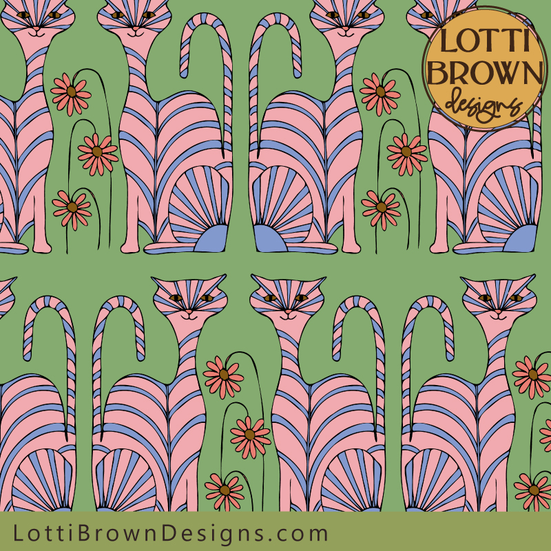 Colourful cat pattern fabric in pink, blue and green