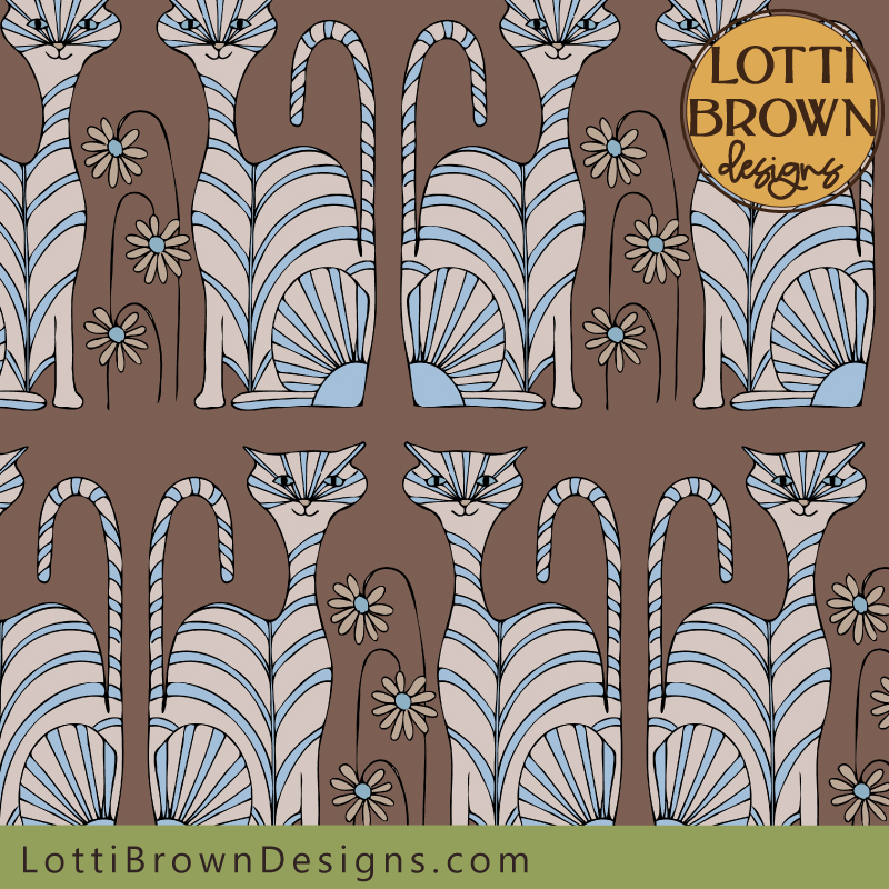 Colourful cat pattern fabric in white, blue and brown