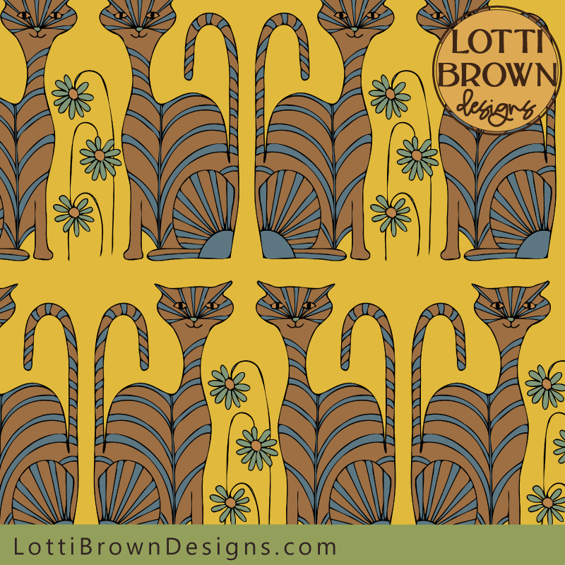 Colourful cat pattern fabric in yellow, tan and blue