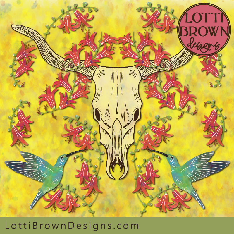 Cow skull with hummingbirds and flowers artwork