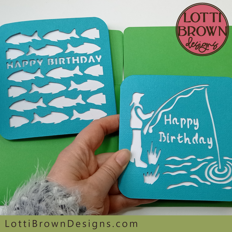 Fun fish and fishing birthday card templates for Cricut and other cutting machines - SVG, DXF, EPS, PNG...