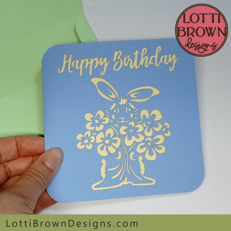 Cute bunny birthday card cut file for Cricut - pale blue and green