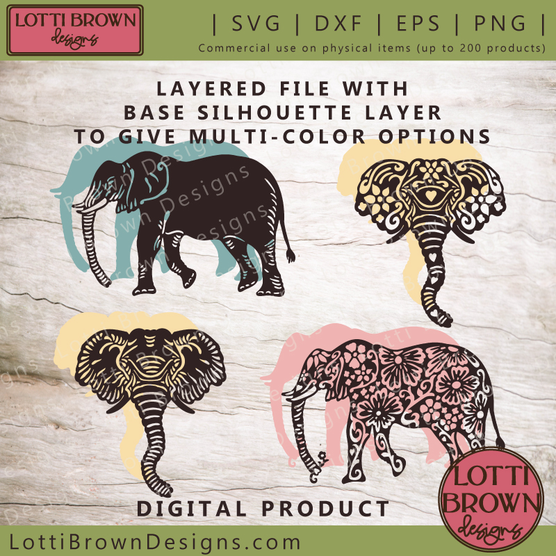 Beautiful elephant SVG files for your cutting machine - realistic elephants or floral patterned elephants - SVG, DXF, EPS, PNG...