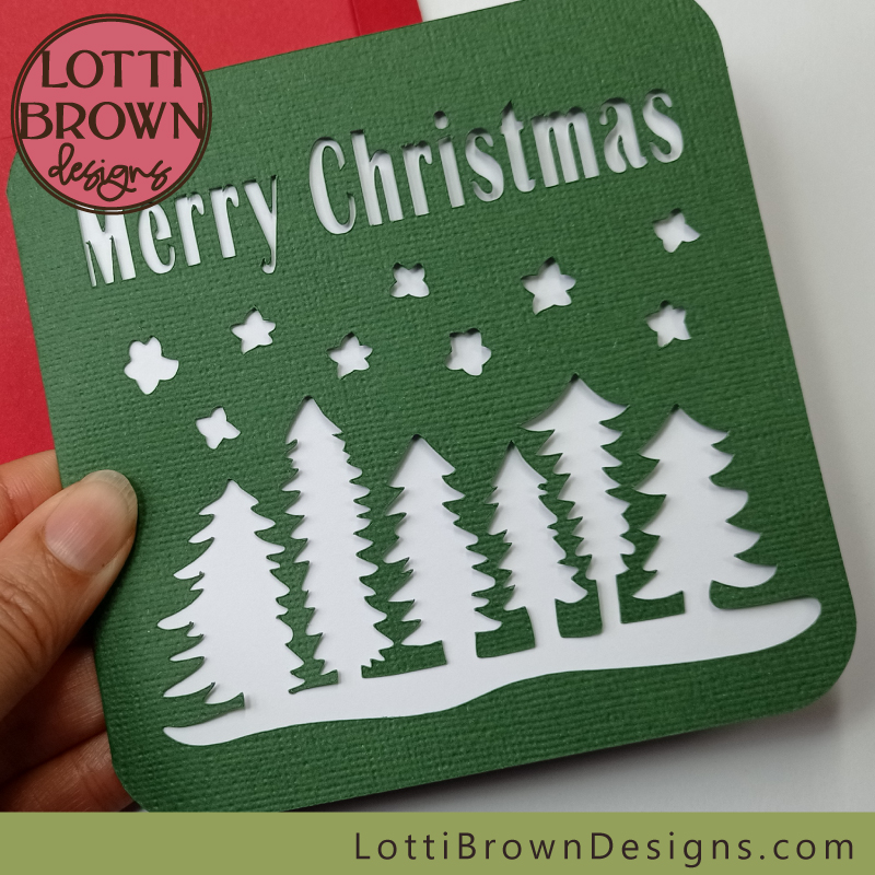 Winter scene Christmas card with fir trees - SVG template for Cricut