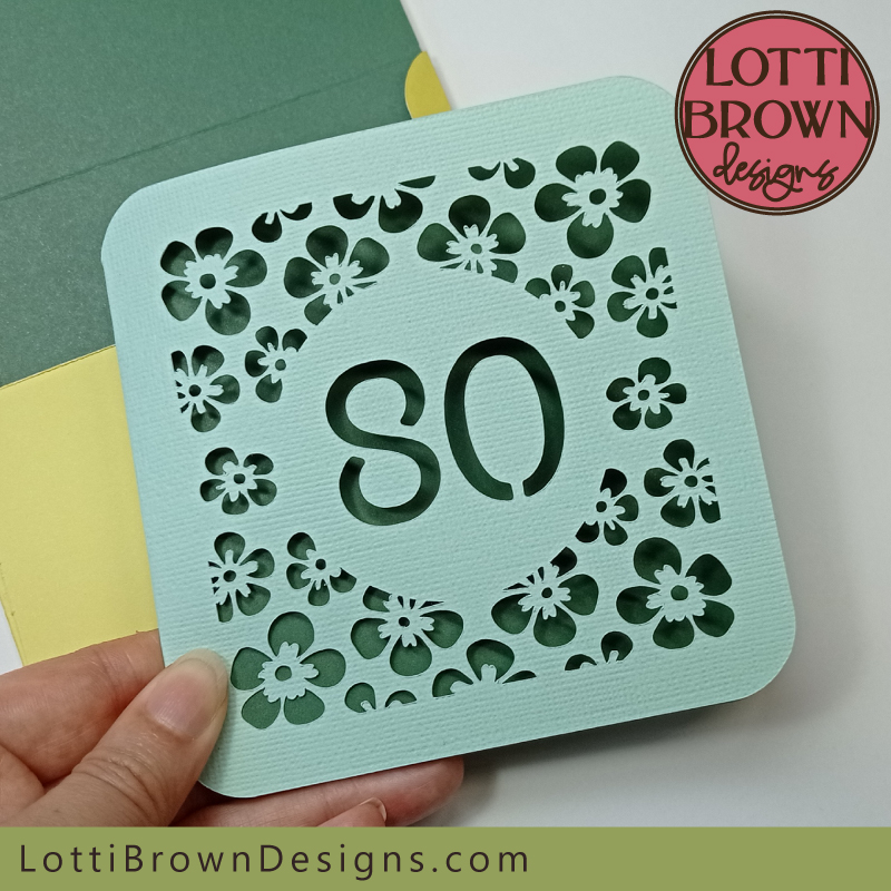 Pretty green floral 80th card for Cricut Pretty greens floral 80 card for Cricut