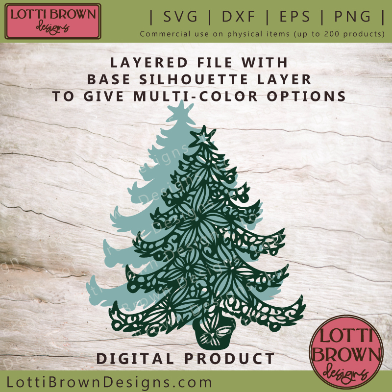 Swirly floral Christmas tree SVG file showing two layers