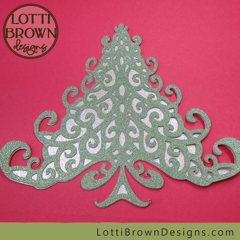 Swirly Christmas tree SVG design using glitter and pearl cardstock