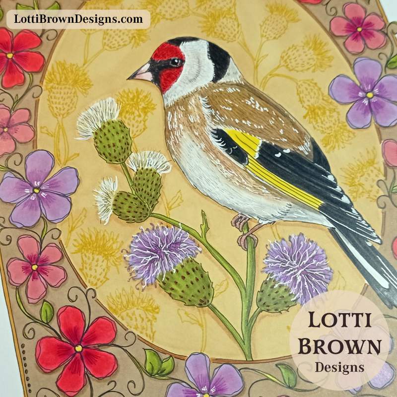 Goldfinch and thistles art print detail