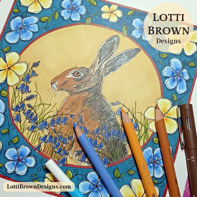 Moon and hare folklore-inspired British nature art, created slowly by hand