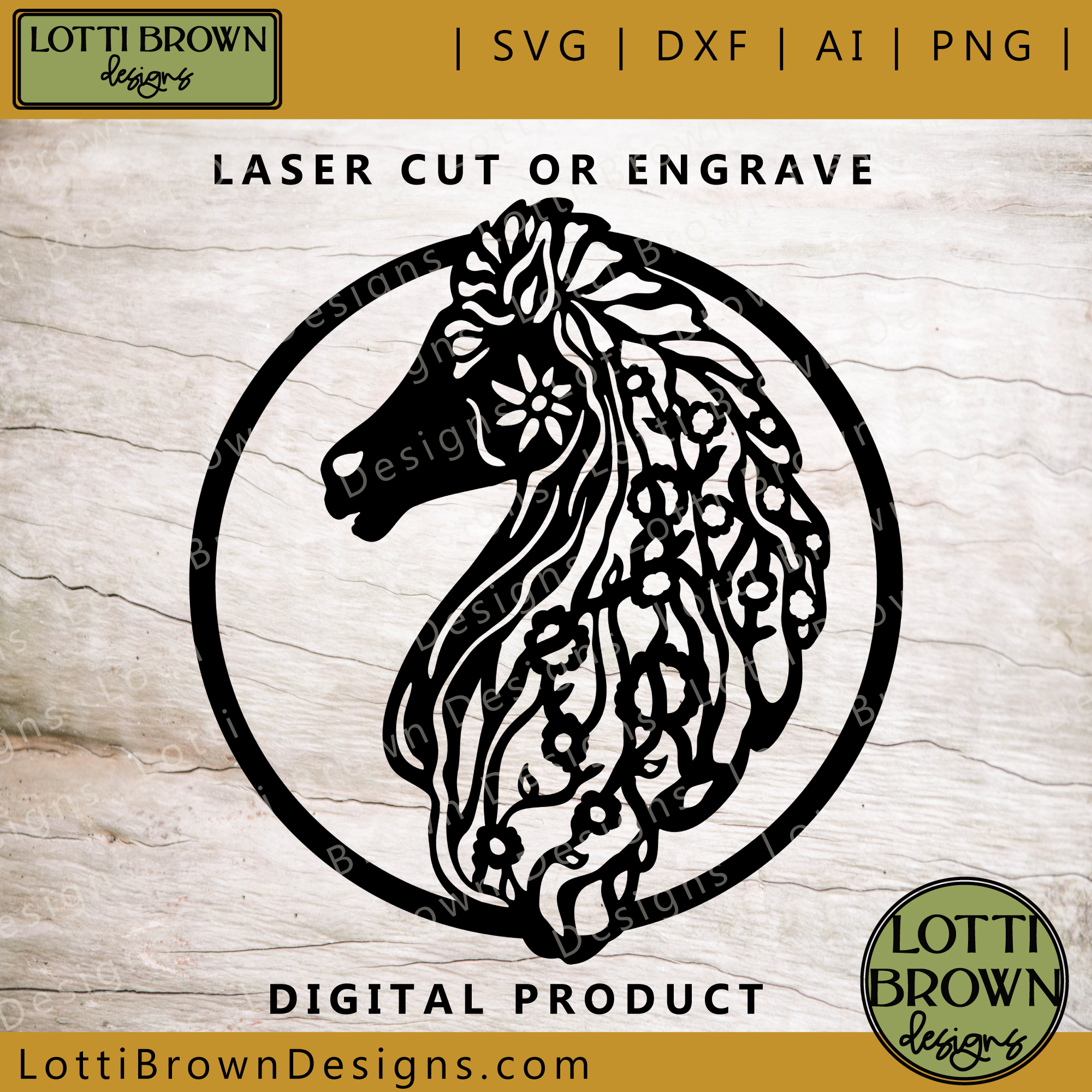 Laser cut or engrave horse head SVG design