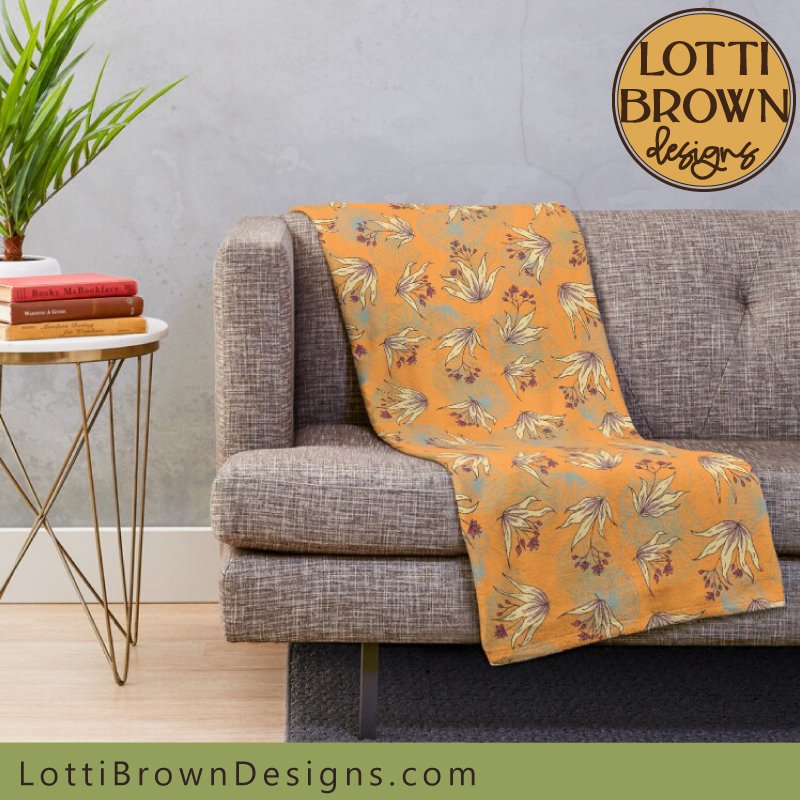 maximalist leaves throw blanket orange