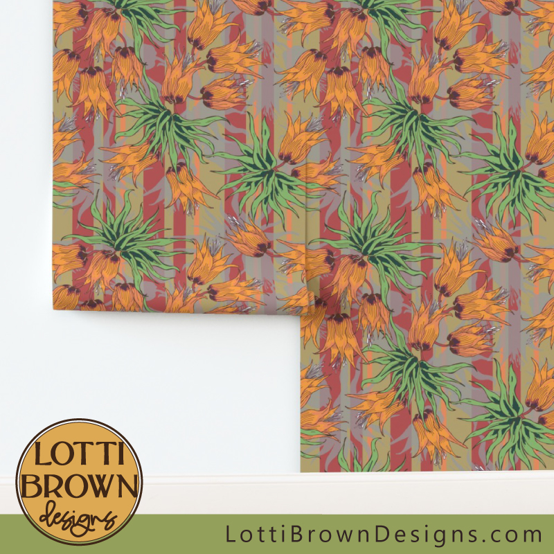 Maximalist wallpaper with a floral theme in orange and red