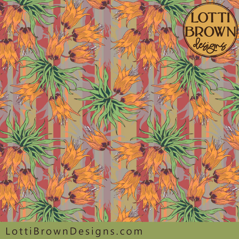 Maximalist wallpaper and fabric pattern with floral design and stripes in orange and red