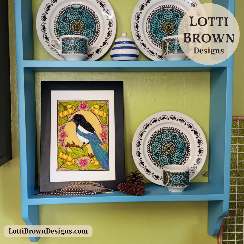 Magpie art on display in my country kitchen