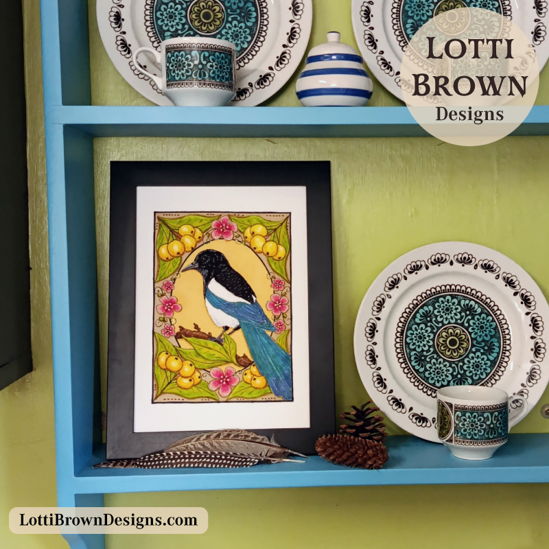 Magpie art on display in my home
