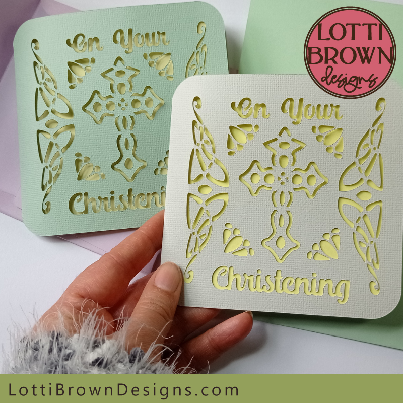 Hand-drawn Christening card template with cross and Celtic designs - digital download for a papercut card to make with your Cricut...