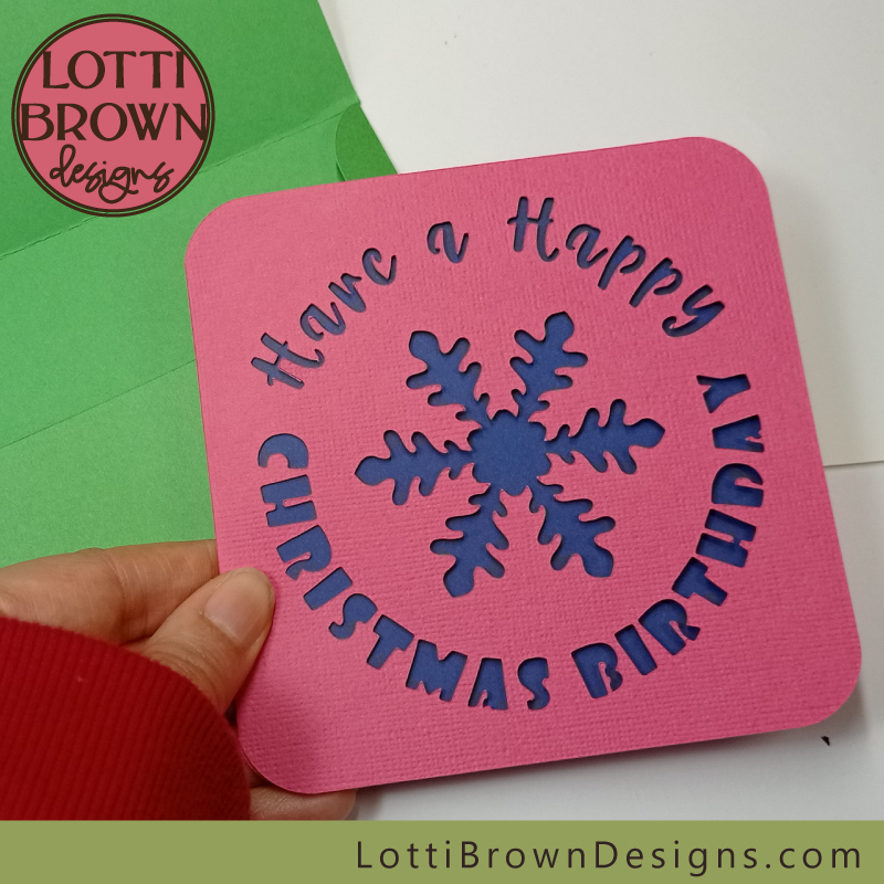 Christmas birthday card template for Cricut - pink, blue and green