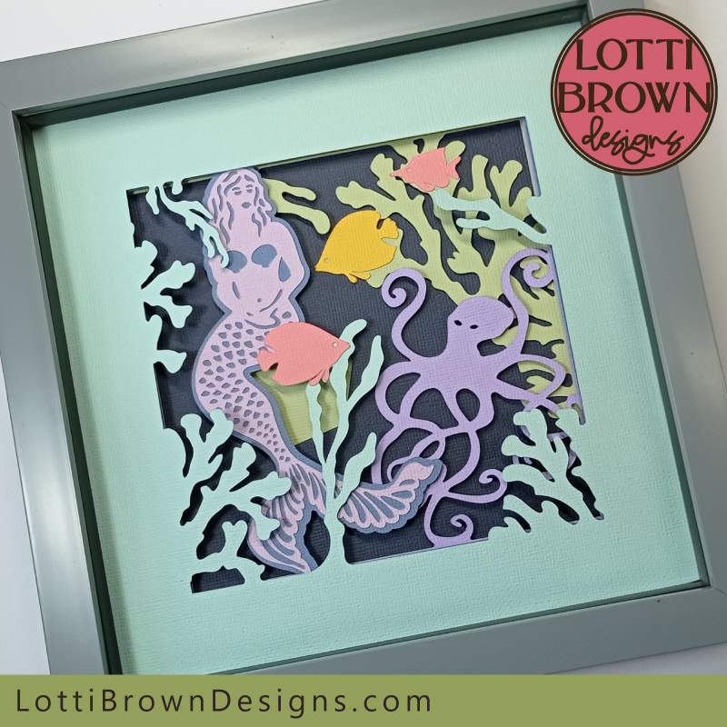 Pretty layered mermaid cut file template to make a colourful shadow box with an under the sea theme. Ideal for Cricut and similar cutting machines...