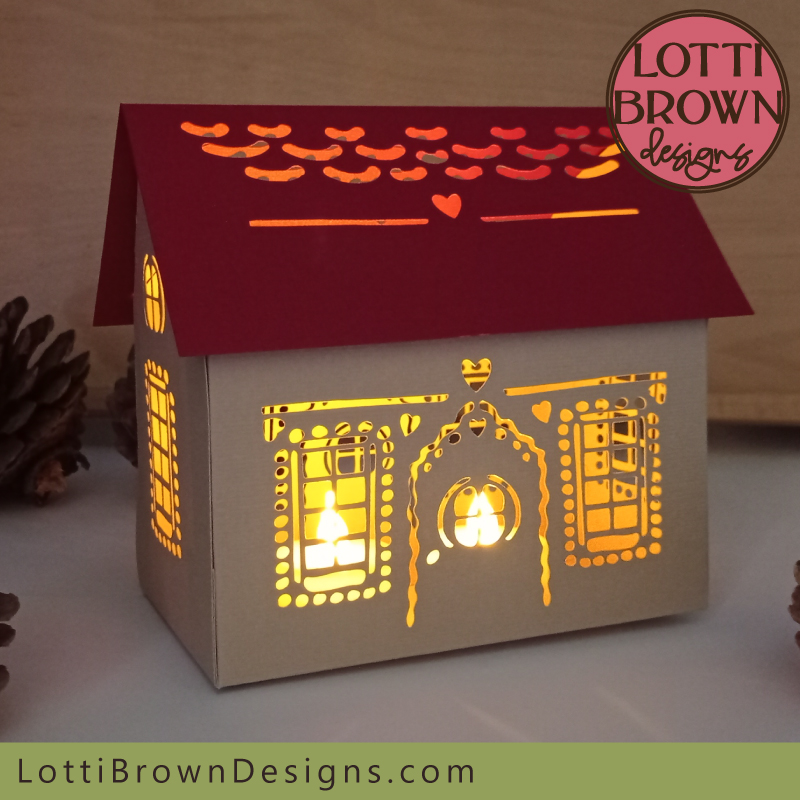 Pretty light-up 3D paper gingerbread house template to make with your Cricut or similar cutting machine - you can also cut and make by hand...