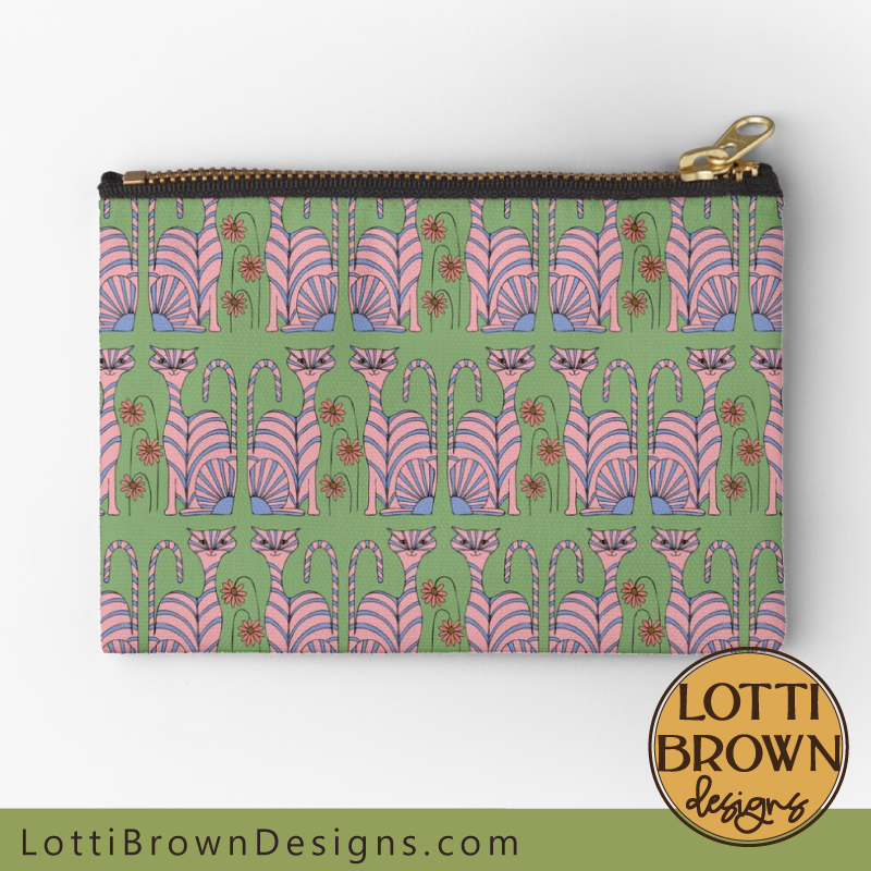 Retro cats zipper pouch in pink and green 