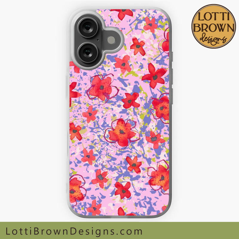 Pink with red poppy pattern phone case