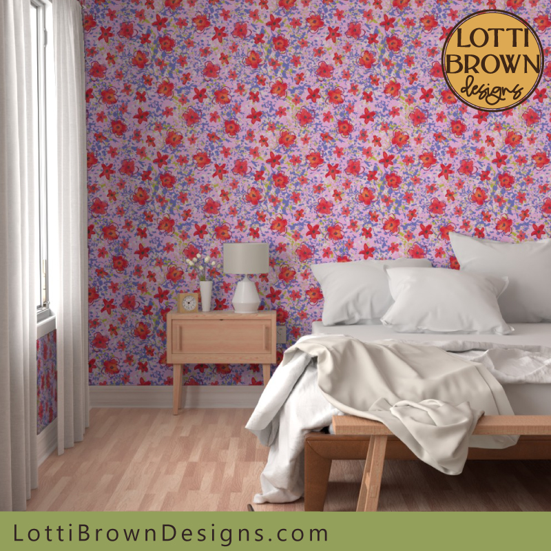 Pink and red poppy pattern wallpaper