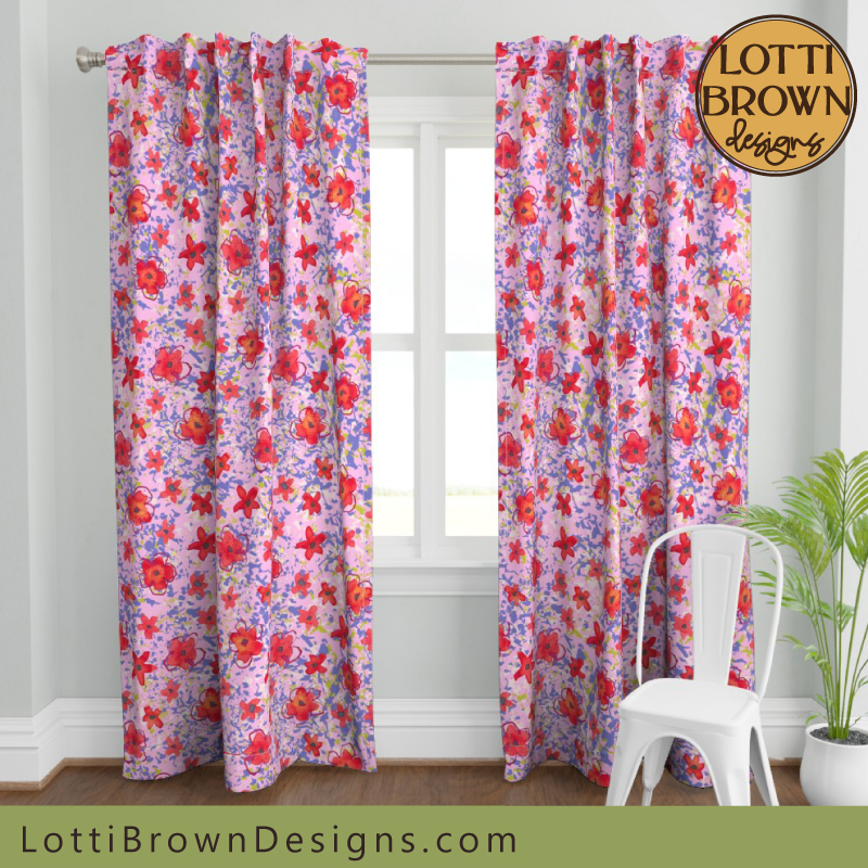 pink and red poppy pattern curtains