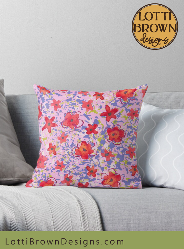 Pink with red poppy pattern cushion