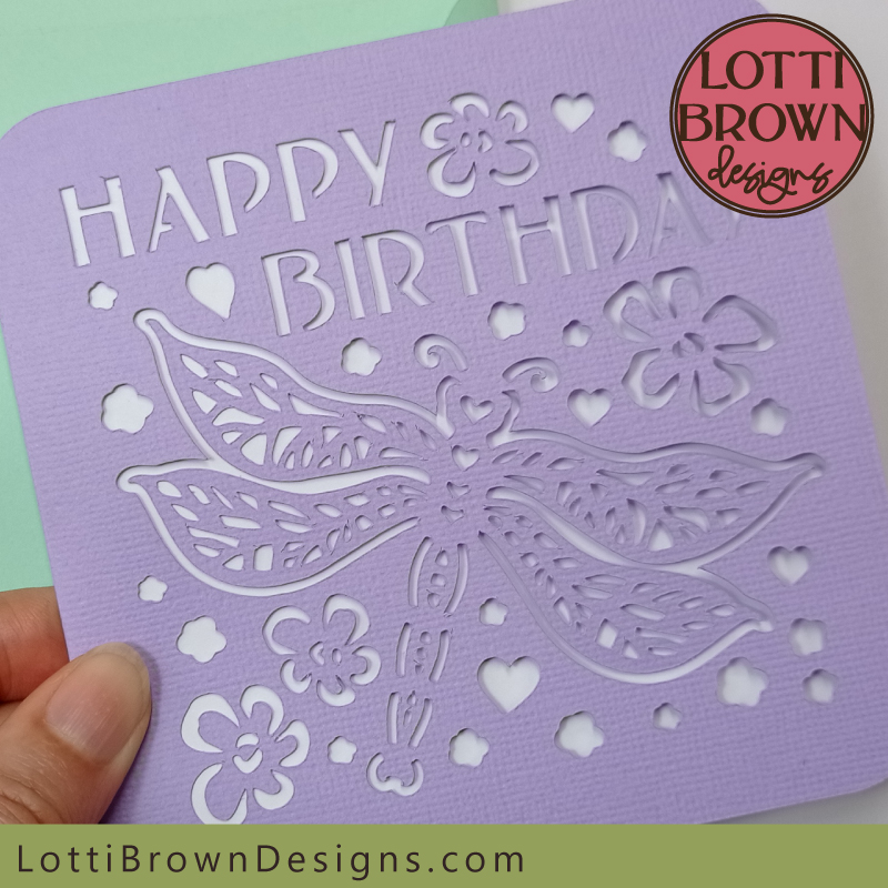 Happy Birthday card template for Cricut with dragonfly design