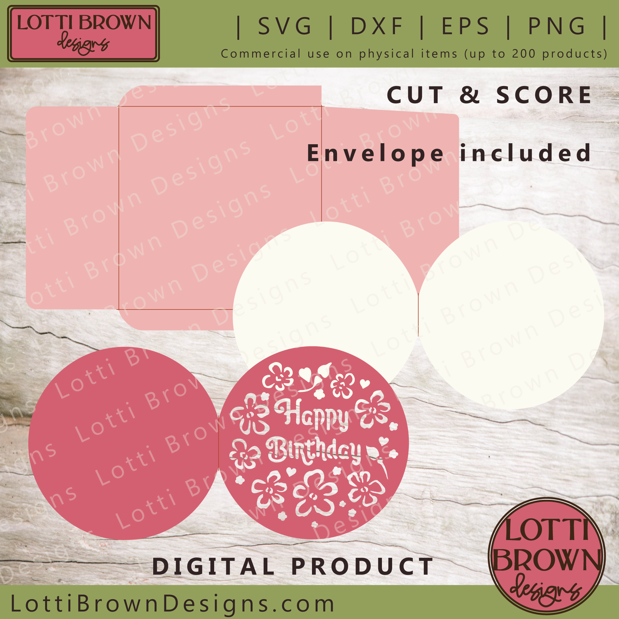 Round floral birthday card template for Cricut