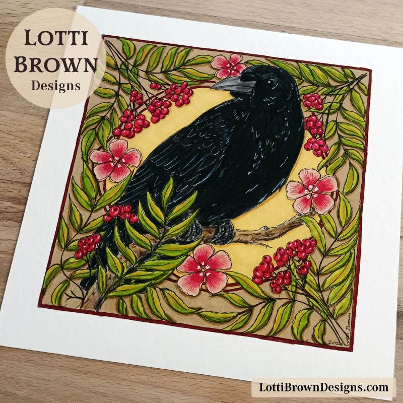 Raven art print with rowan berries
