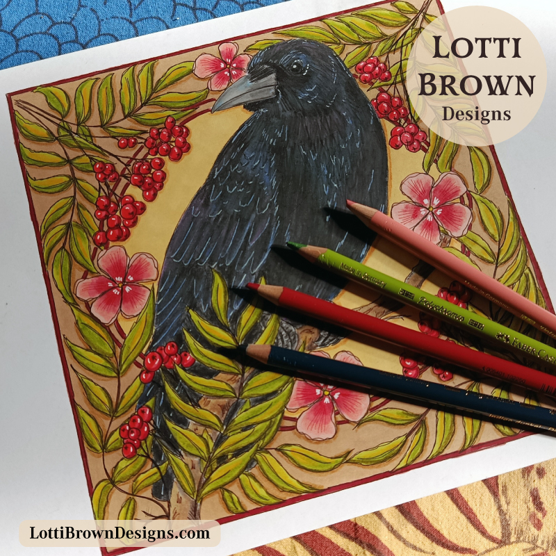 Drawing my raven with pens and coloured pencils