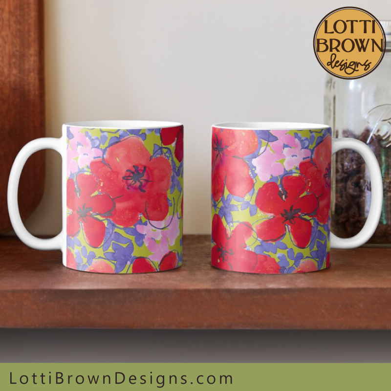 Red poppies pattern mugs by Lotti Brown