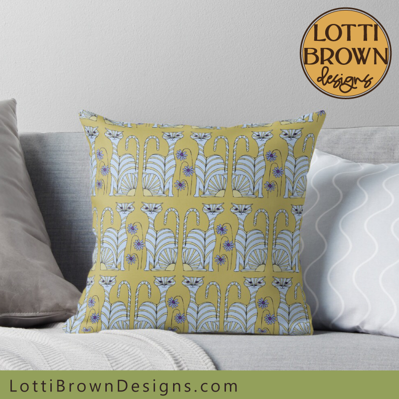 Retro cats cushion in blue and green