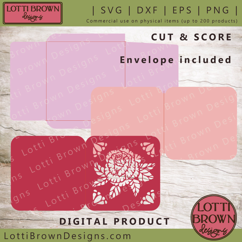 Cut and score card template with rose design