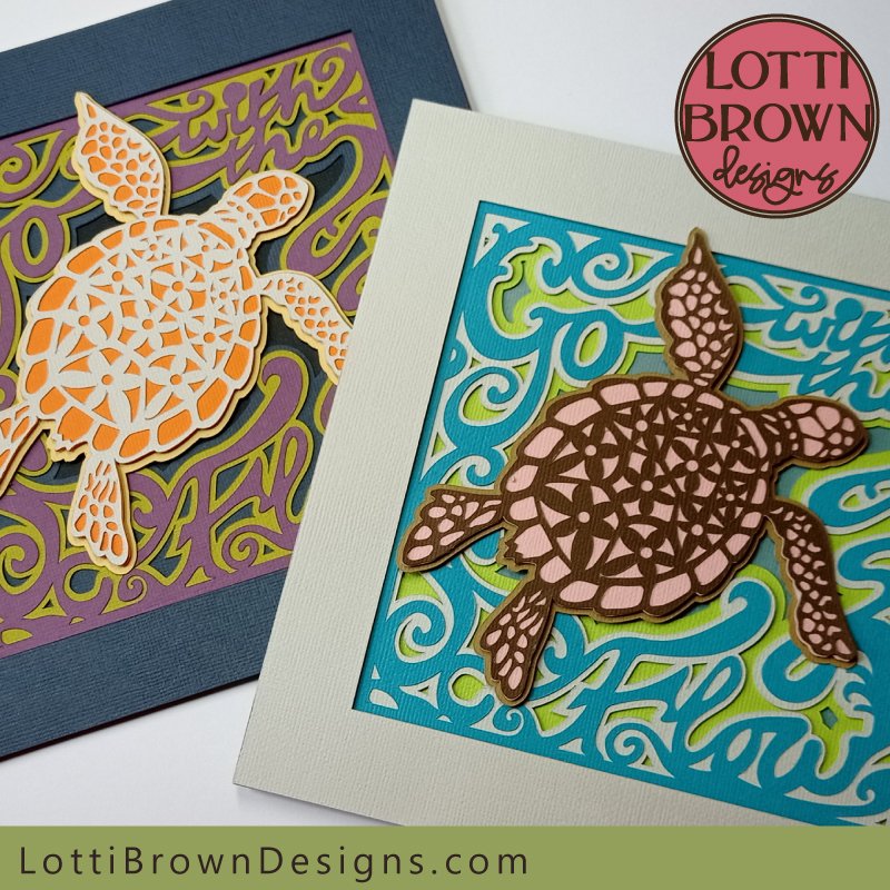 Beautiful sea turtle SVG designs for you to craft - a layered sea turtle and a fab 'Go with the Flow' turtle shadow box...