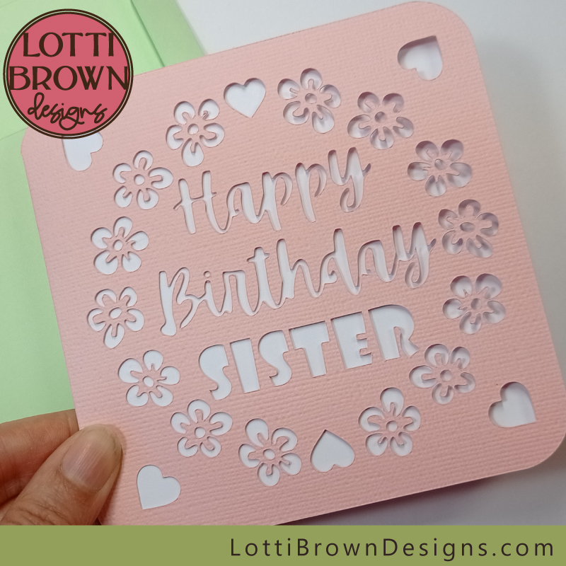 Pretty pink sister card template with hearts and flowers